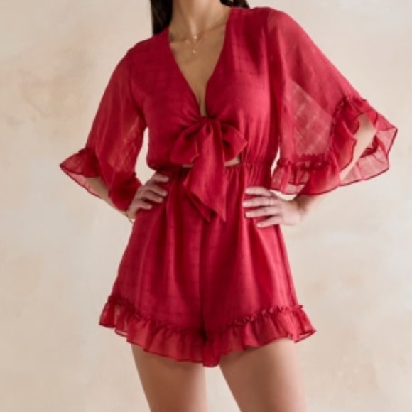 Miami Red Ruffle Sleeve Romper - Picture 1 of 6